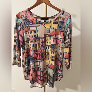 Karen Kane Window Storefront Print Top Colorful Artistic 3/4 Sleeve Large